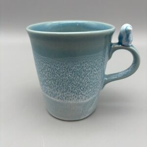 Studio Art Pottery Mug Teal Glazed W/Bird On Handle Signed Bird Lover‎